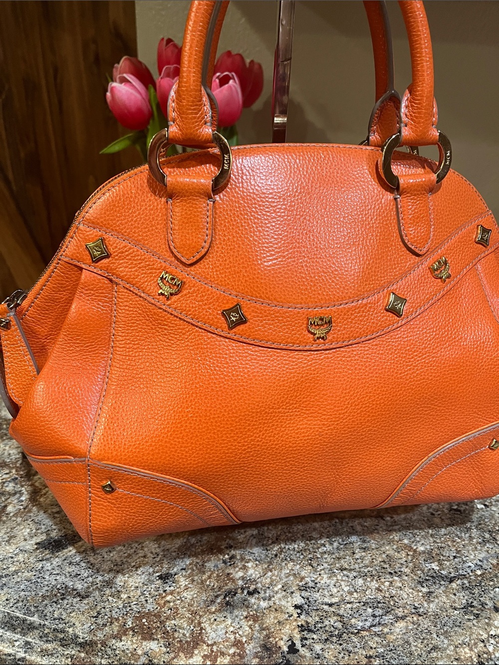 MCM Orange Pebbled Leather Dome Satchel with Gold-Tone Accents - Picture 2 of 13
